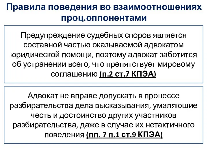 Правила поведения во взаимоотношениях проц.оппонентами Предупреждение судебных споров является составной частью