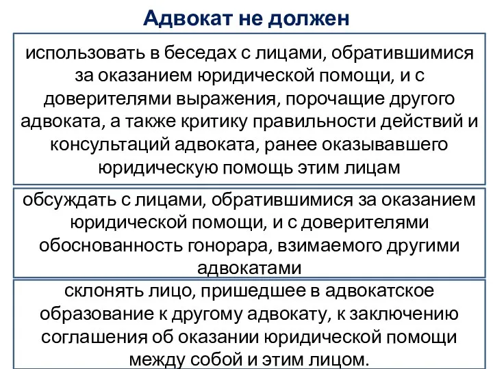 Адвокат не должен использовать в беседах с лицами, обратившимися за оказанием