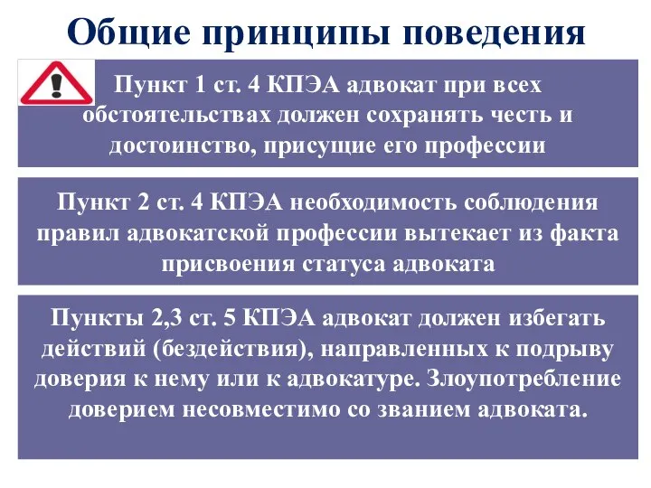 Общие принципы поведения Пункт 1 ст. 4 КПЭА адвокат при всех