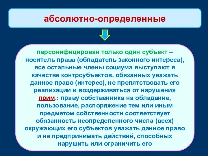 персонифицирован только один субъект – носитель права (обладатель законного интереса), все