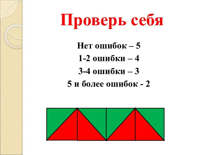 Проверь себя Нет ошибок – 5 1-2 ошибки – 4 3-4