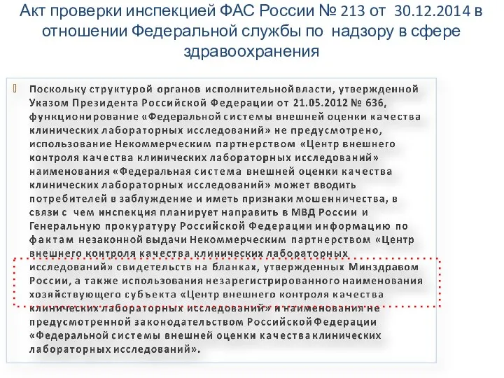 Акт проверки инспекцией ФАС России № 213 от 30.12.2014 в отношении