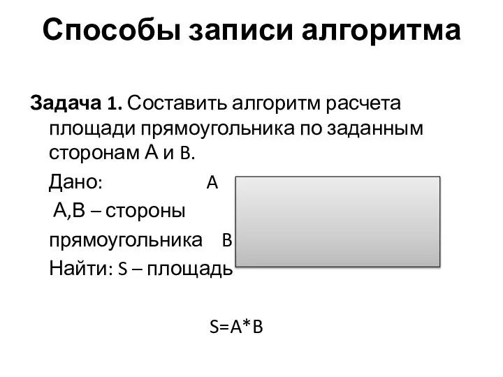 Способы записи алгоритма Задача 1. Составить алгоритм расчета площади прямоугольника по