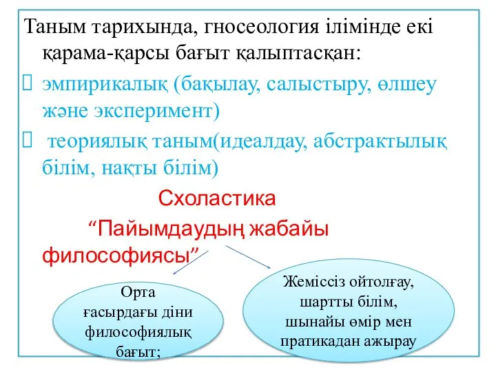 Таным тарихында, гносеология ілімінде екі қарама-қарсы бағыт қалыптасқан: эмпирикалық (бақылау, салыстыру,