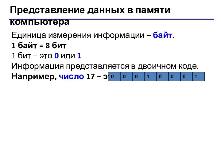 Представление данных в памяти компьютера Единица измерения информации – байт. 1