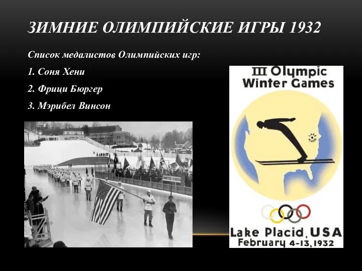 ЗИМНИЕ ОЛИМПИЙСКИЕ ИГРЫ 1932 Список медалистов Олимпийских игр: 1. Соня Хени