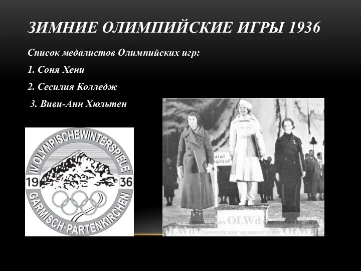 ЗИМНИЕ ОЛИМПИЙСКИЕ ИГРЫ 1936 Список медалистов Олимпийских игр: 1. Соня Хени