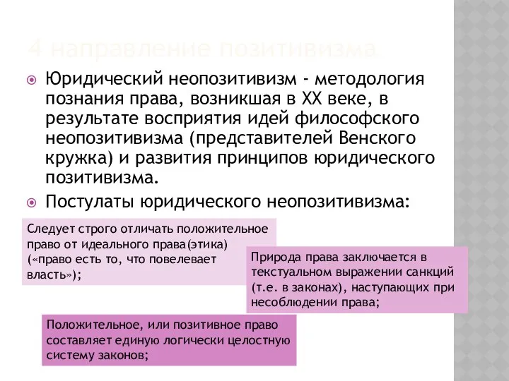 4 направление позитивизма Юридический неопозитивизм - методология познания права, возникшая в