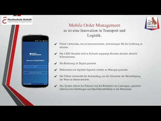 Mobile Order Management es ist eine Innovation in Transport und Logistik.