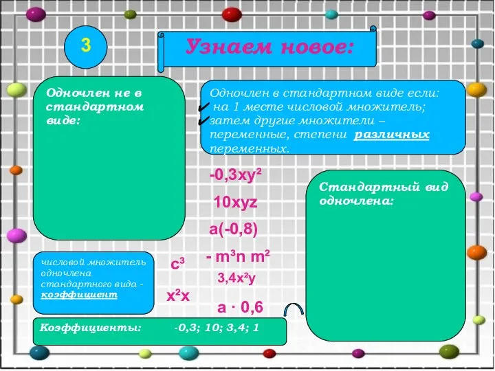 Коэффициенты: -0,3; 10; 3,4; 1 числовой множитель одночлена стандартного вида -коэффициент