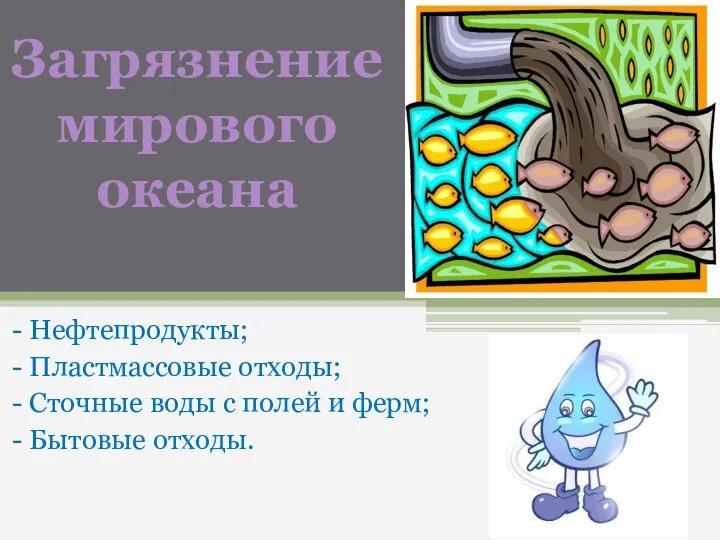 - Нефтепродукты; - Пластмассовые отходы; - Сточные воды с полей и