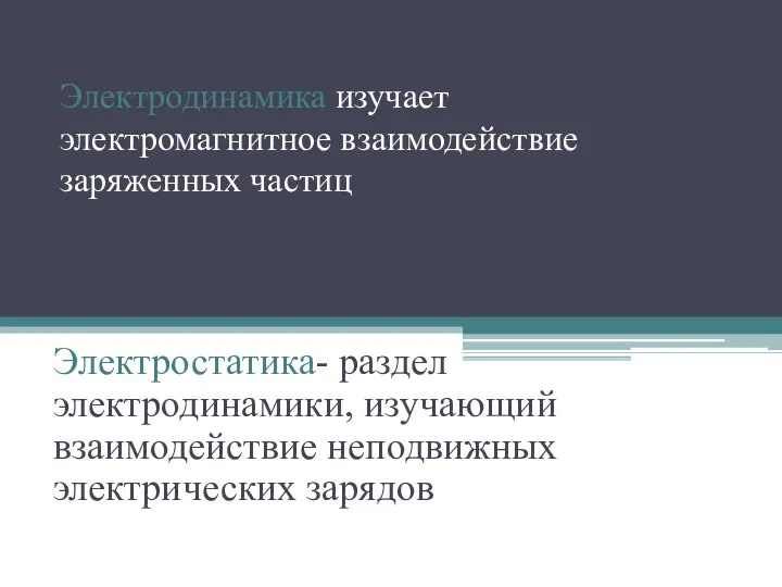 Электродинамика изучает электромагнитное взаимодействие заряженных частиц Электростатика- раздел электродинамики, изучающий взаимодействие неподвижных электрических зарядов