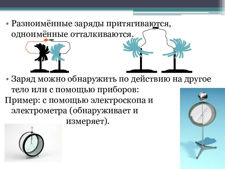 Разноимённые заряды притягиваются, одноимённые отталкиваются. Заряд можно обнаружить по действию на