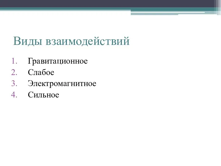 Виды взаимодействий Гравитационное Слабое Электромагнитное Сильное