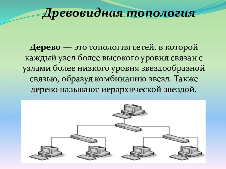 Дерево — это топология сетей, в которой каждый узел более высокого