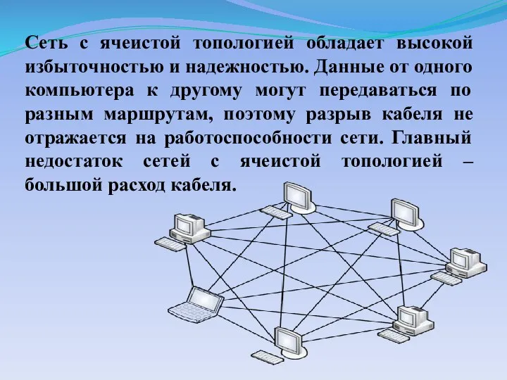 Сеть с ячеистой топологией обладает высокой избыточностью и надежностью. Данные от