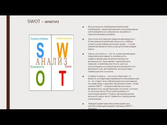 SWOT – анализ Для успешного проведения изменений необходимо проанализировать все имеющиеся