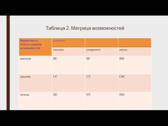 Таблица 2. Матрица возможностей