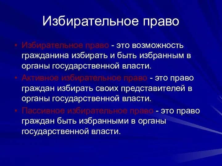 Избирательное право Избирательное право - это возможность гражданина избирать и быть