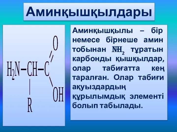 Аминқышқылдары Аминқышқылы – бір немесе бірнеше амин тобынан NH2 тұратын карбонды