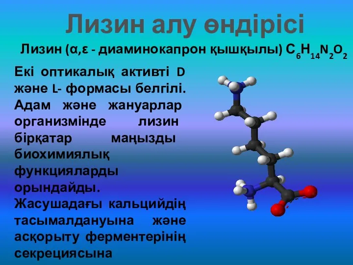 Лизин алу өндірісі Лизин (α,ε - диаминокапрон қышқылы) С6Н14N2O2 Екі оптикалық