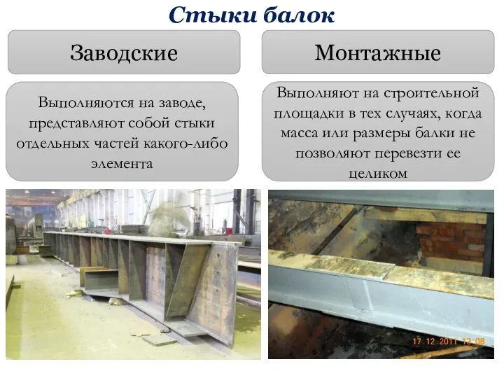 Стыки балок Заводские Монтажные Выполняются на заводе, представляют собой стыки отдельных