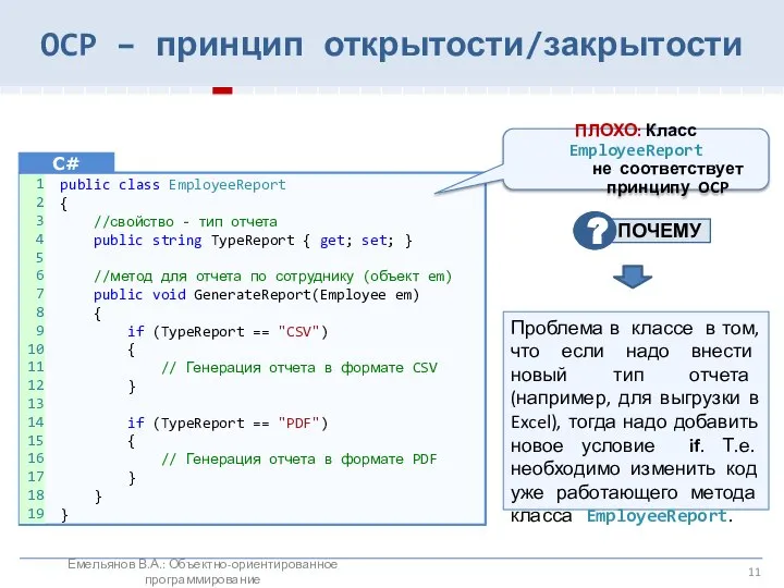 OCP – принцип открытости/закрытости public class EmployeeReport { //свойство - тип