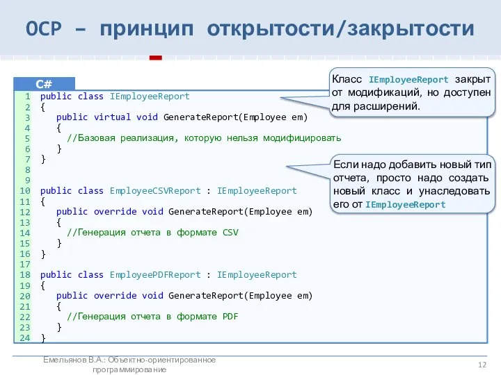 OCP – принцип открытости/закрытости public class IEmployeeReport { public virtual void