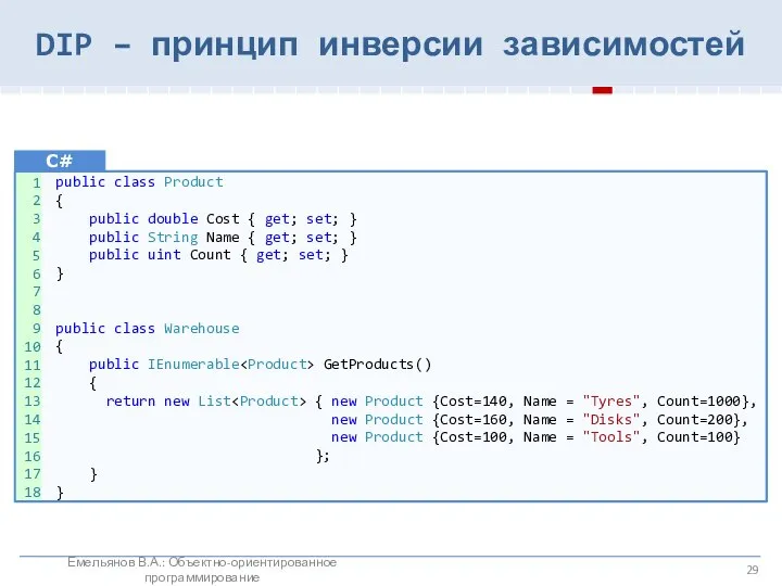 DIP – принцип инверсии зависимостей Емельянов В.А.: Объектно-ориентированное программирование public class