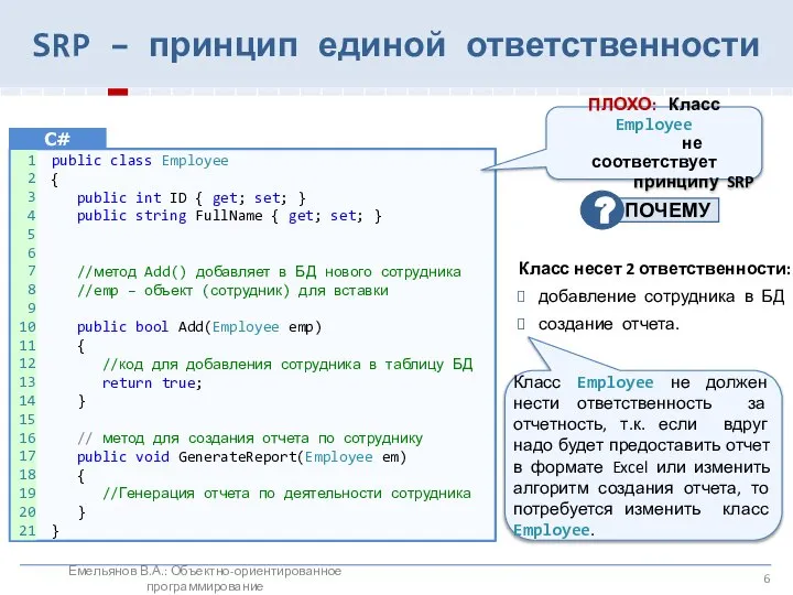 SRP – принцип единой ответственности public class Employee { public int