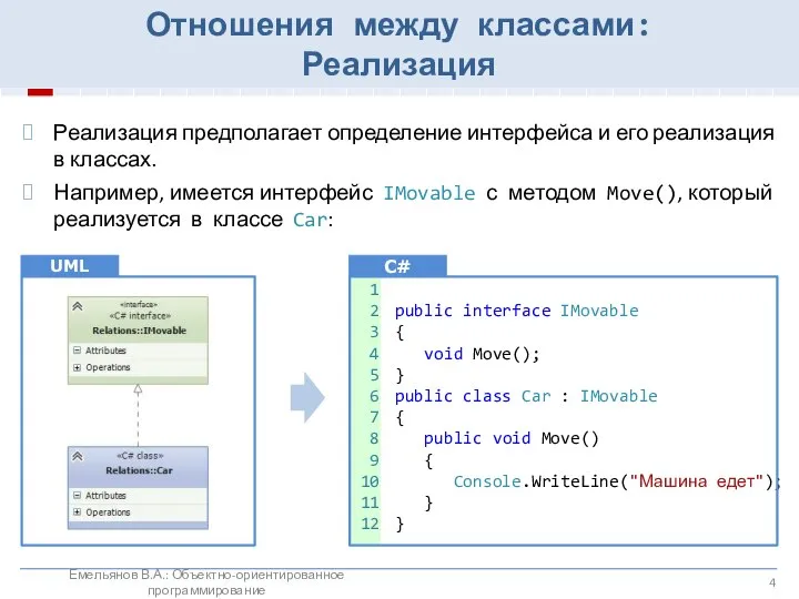 Отношения между классами: Реализация Емельянов В.А.: Объектно-ориентированное программирование Реализация предполагает определение