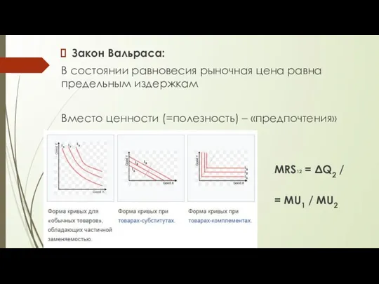 Закон Вальраса: В состоянии равновесия рыночная цена равна предельным издержкам Вместо