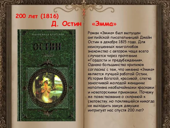 200 лет (1816) Д. Остин «Эмма» Роман «Эмма» был выпущен английской