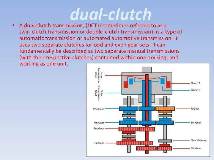 dual-clutch A dual-clutch transmission, (DCT) (sometimes referred to as a twin-clutch