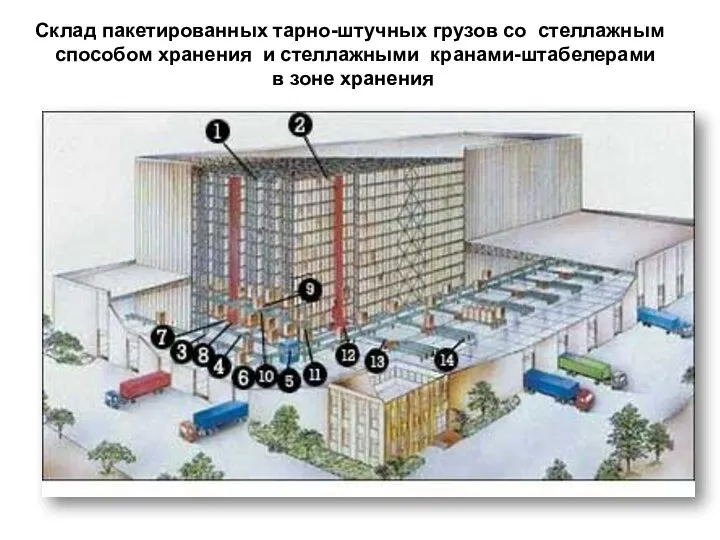 Склад пакетированных тарно-штучных грузов со стеллажным способом хранения и стеллажными кранами-штабелерами в зоне хранения