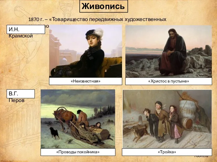 Живопись 1870 г. – «Товарищество передвижных художественных выставок» И.Н. Крамской «Неизвестная»