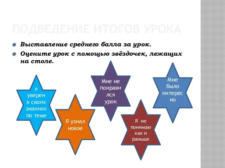 ПОДВЕДЕНИЕ ИТОГОВ УРОКА Выставление среднего балла за урок. Оцените урок с