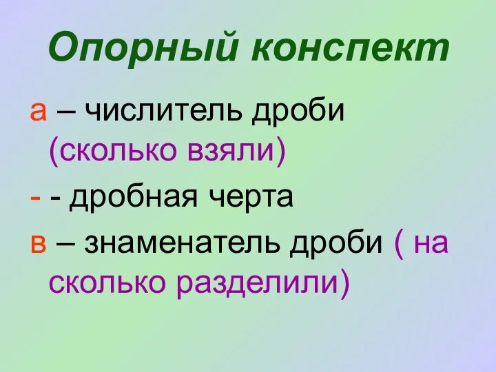 Опорный конспект а – числитель дроби (сколько взяли) - - дробная