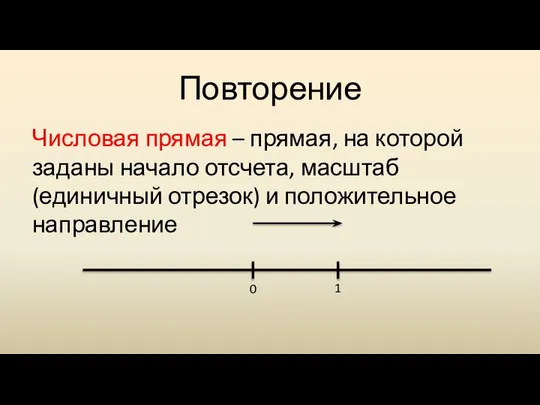 Повторение Числовая прямая – прямая, на которой заданы начало отсчета, масштаб