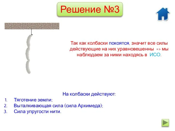 На колбаски действуют: Тяготение земли; Выталкивающая сила (сила Архимеда); Сила упругости