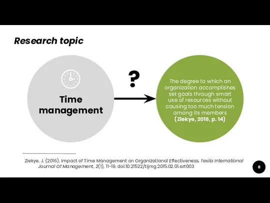 Time management Organizational effectiveness ? Ziekye, J. (2016). Impact of Time