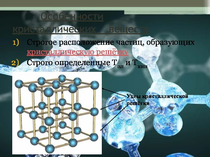 Особенности кристаллических веществ Строгое расположение частиц, образующих кристаллическую решётку Строго определенные