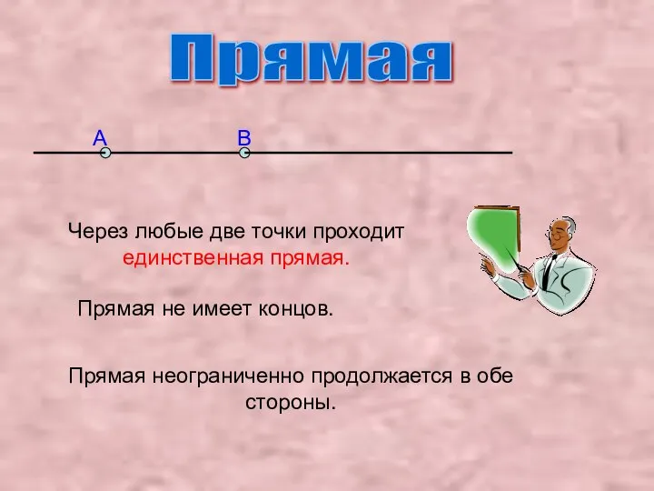 Прямая неограниченно продолжается в обе стороны. Через любые две точки проходит