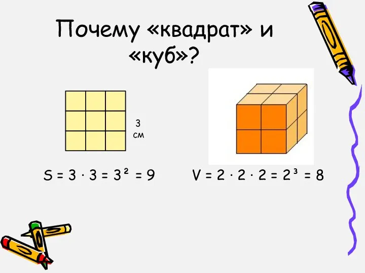Почему «квадрат» и «куб»? S = 3 ∙ 3 = 3²
