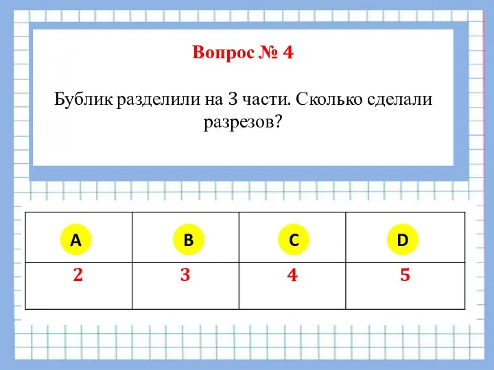 Вопрос № 4 Бублик разделили на 3 части. Сколько сделали разрезов? A B C D