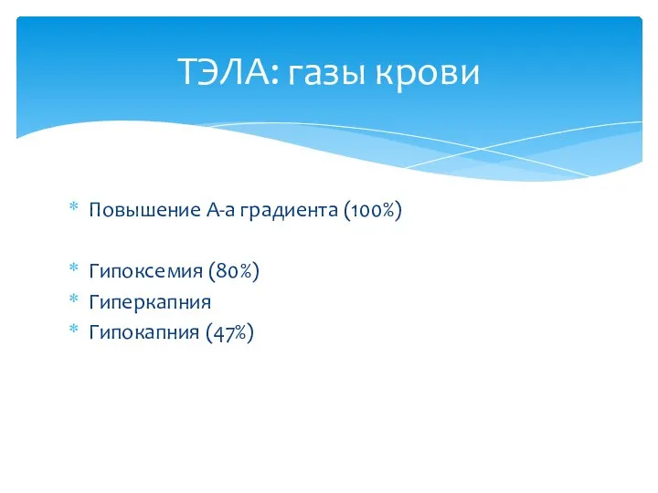 Повышение А-а градиента (100%) Гипоксемия (80%) Гиперкапния Гипокапния (47%) ТЭЛА: газы крови