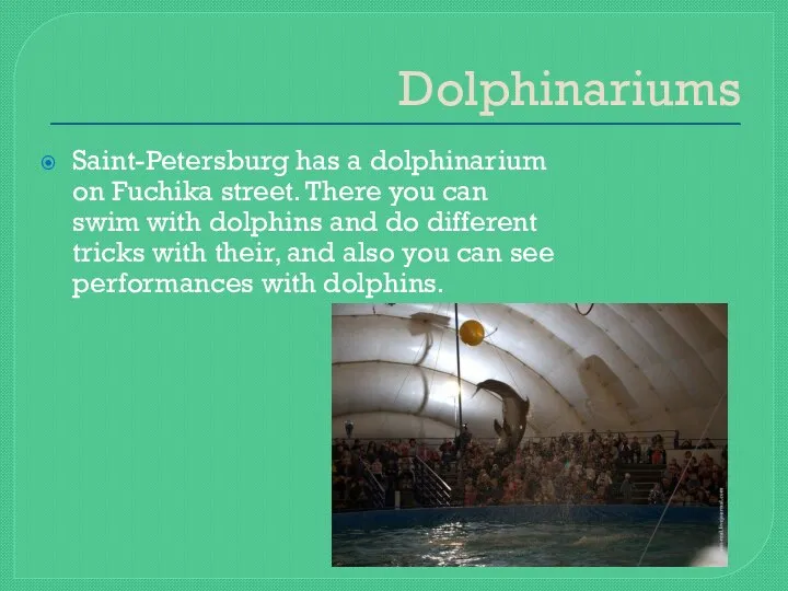 Dolphinariums Saint-Petersburg has a dolphinarium on Fuchika street. There you can