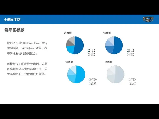 饼形图可链接Office Excel进行数据编辑，以吉利蓝、浅蓝、灰不同色彩进行系列区分。 此模板仅为图表设计示例，后期再编辑原则应参照品牌手册中关于品牌色彩、色阶的应用规范。 饼形图模板 主题文字区