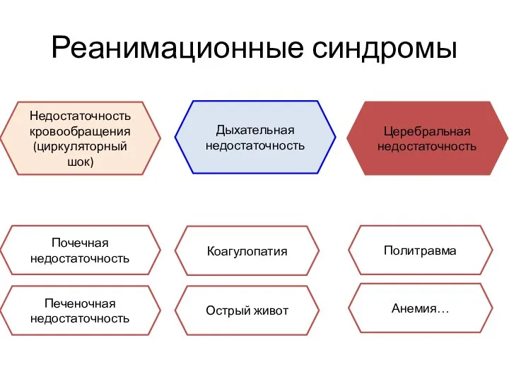 Реанимационные синдромы Дыхательная недостаточность Церебральная недостаточность Недостаточность кровообращения (циркуляторный шок) Почечная