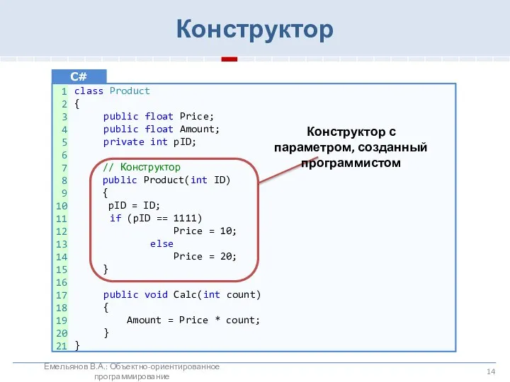 Конструктор class Product { public float Price; public float Amount; private